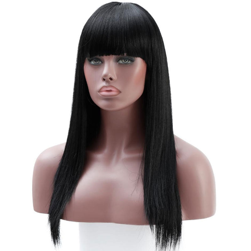 European & American Women's Long Straight Synthetic Wig with Headgear