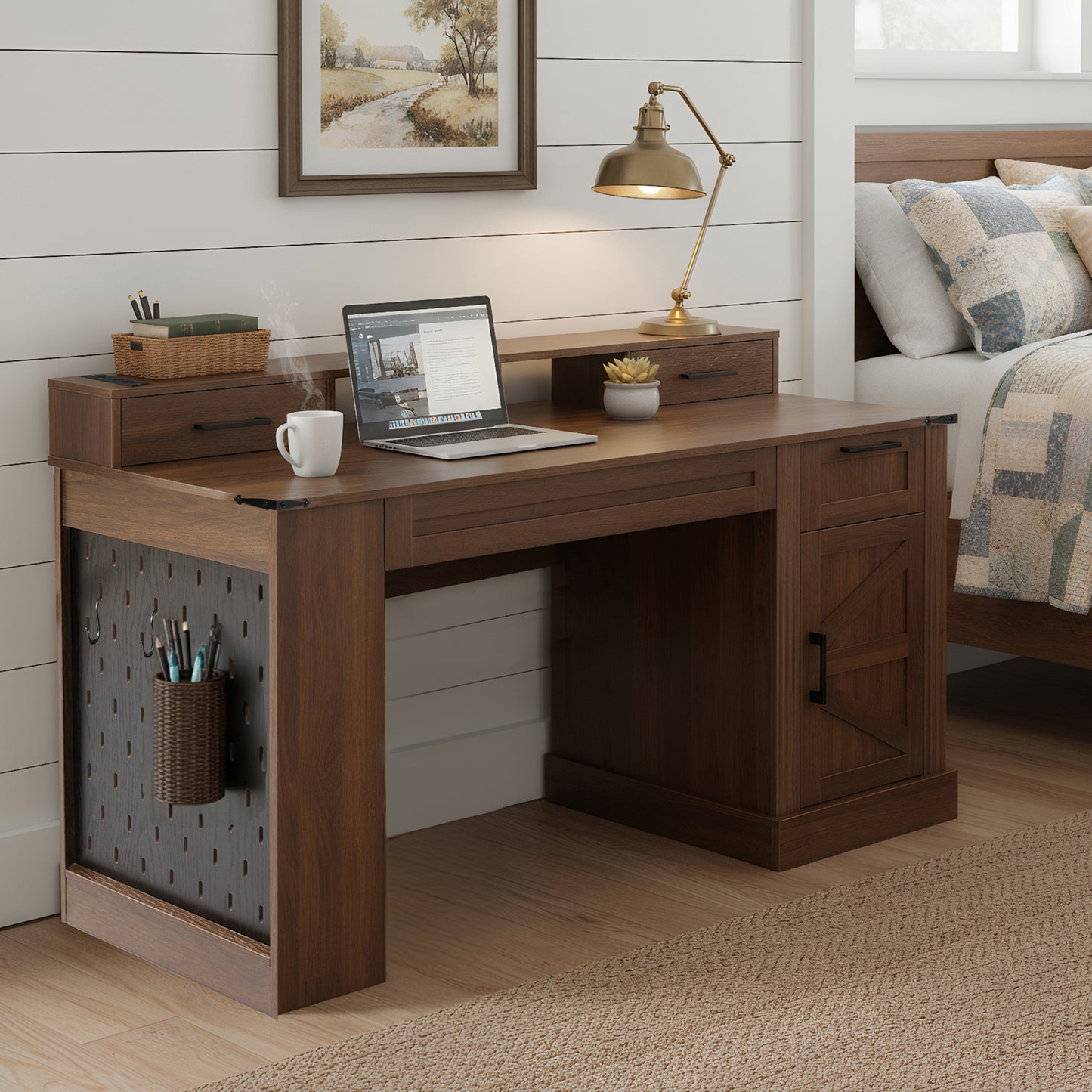 55" Farmhouse Office Desk with Storage & Charging Station - Dark Walnut