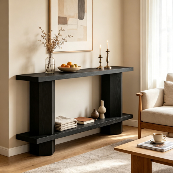 Sturdy Long Console Table with Unique Hexahedron Legs