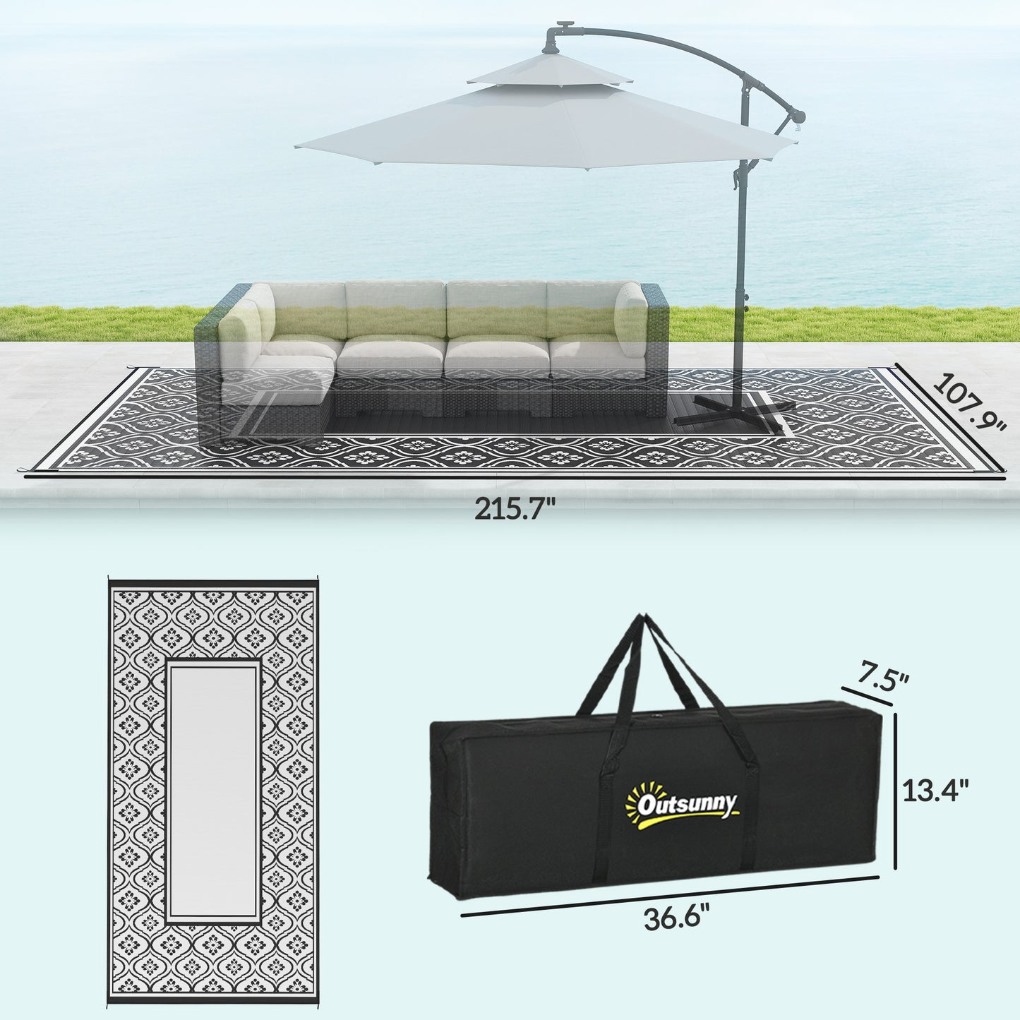 Reversible Waterproof Outdoor Rug with Carry Bag - 9' x 18'