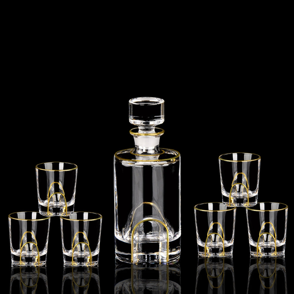 Crystal Glass Whiskey and Wine Set - Creative Gold Finish, 7-Piece Home Barware