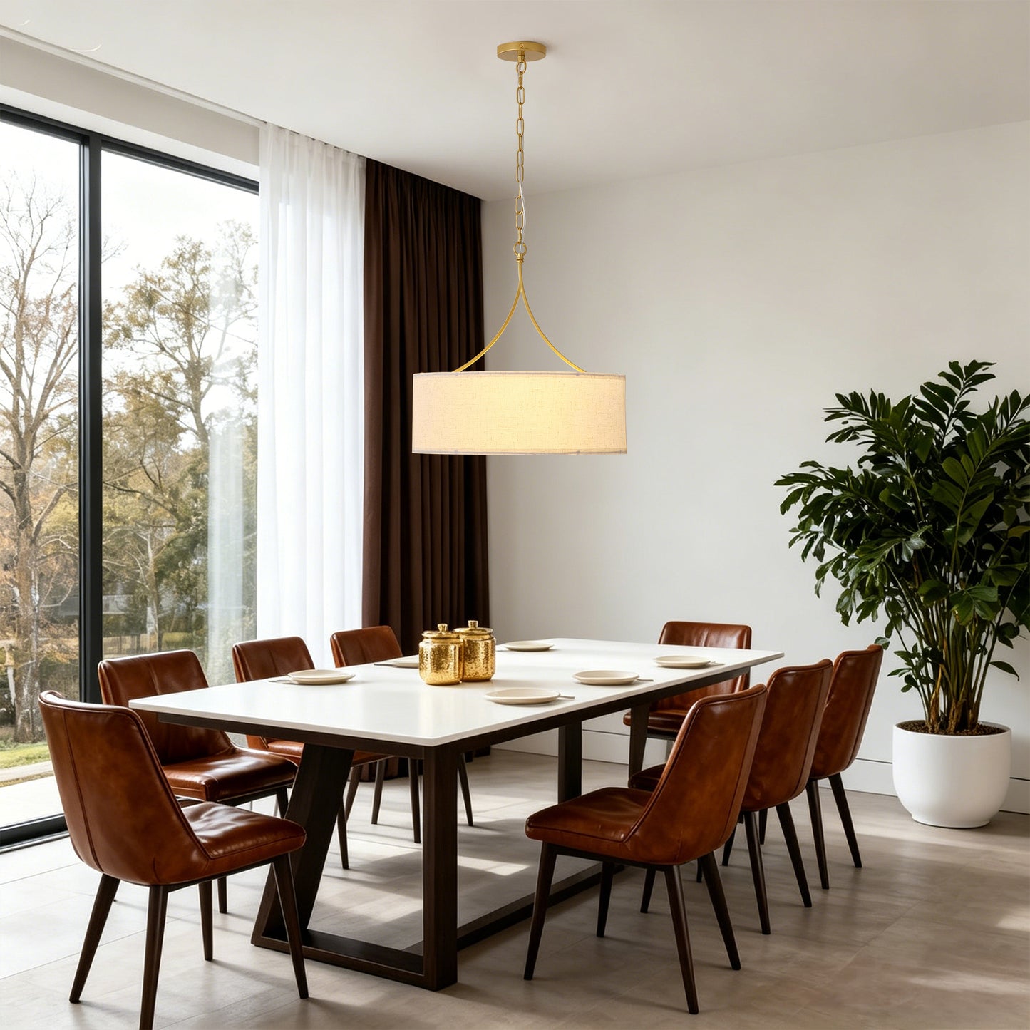 Golden Fabric Pendant Light - Adjustable Drum Chandelier for Dining & Living Rooms