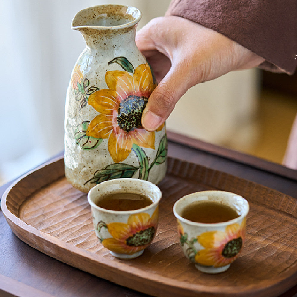 Hand Drawn Sunflower Ceramic Wine Dispenser with Glass Set - Retro Kitchen Barware