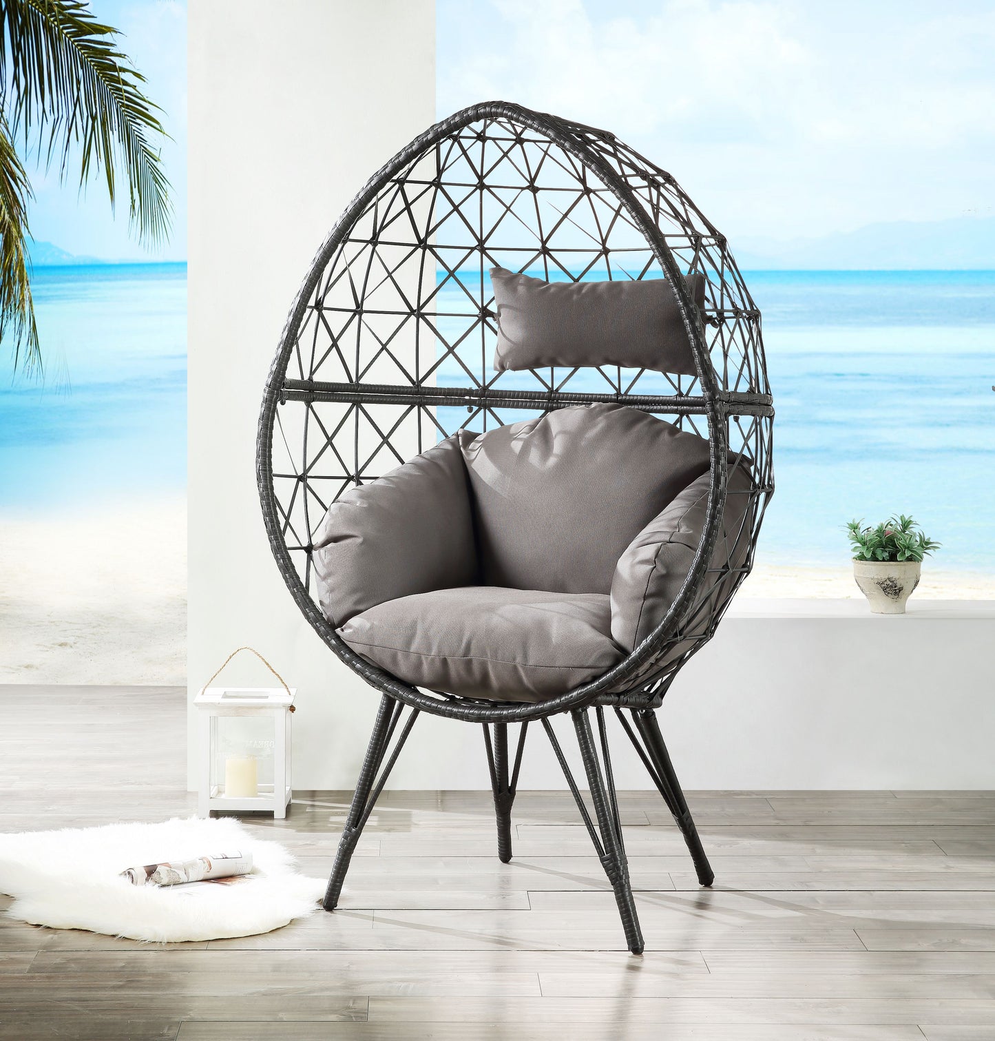 Light Gray Fabric & Black Wicker Patio Lounge Chair