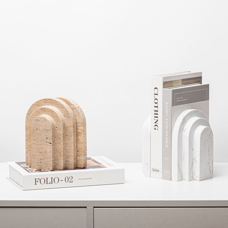 Marble Geometric Bookend Set - Modern White & Yellow Book Holders for Bookshelf Decoration