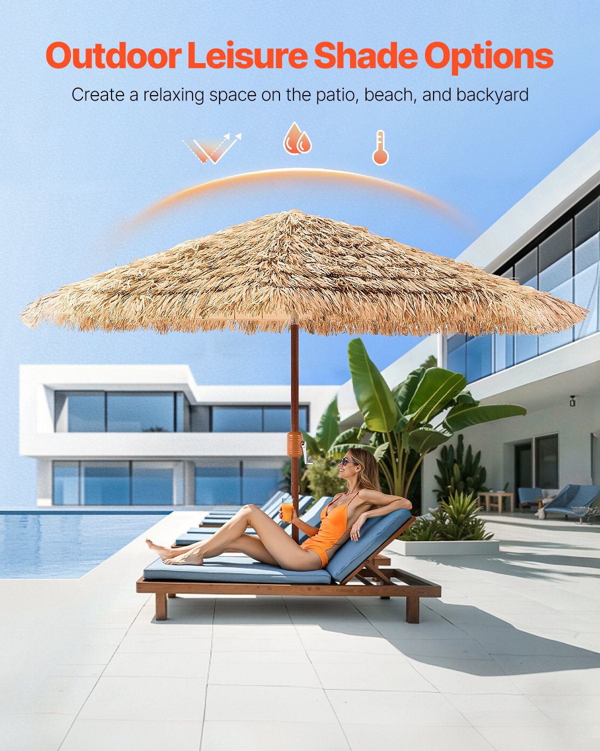 9 Ft Thatched Tiki Umbrella with Adjustable Tilt for Patio & Beach