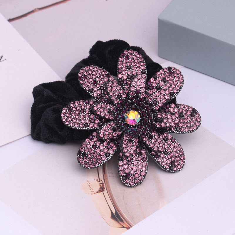 Ethnic Fabric Flower Hair Ring with Rhinestones