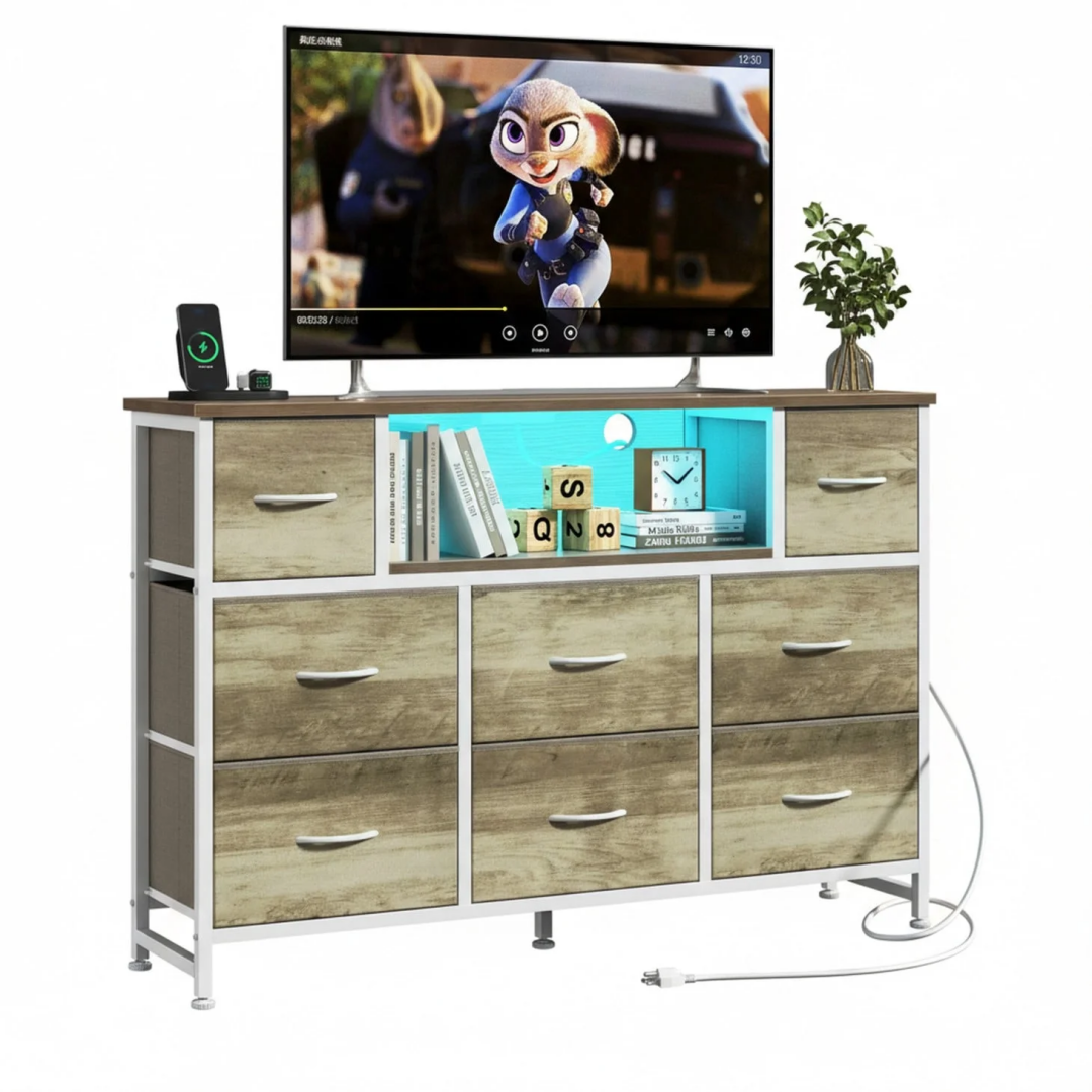 Storage Cabinet with 8 Fabric Drawers and Electrical Socket