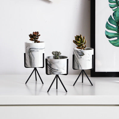Gold-Plated Iron Frame Succulent Flower Pot with Marbling Ceramic Planter - Multiple Sizes