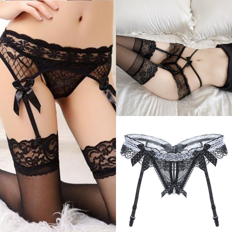 Lace Garter Belt Set with Pearl Panties and Waist Tie - Black & White