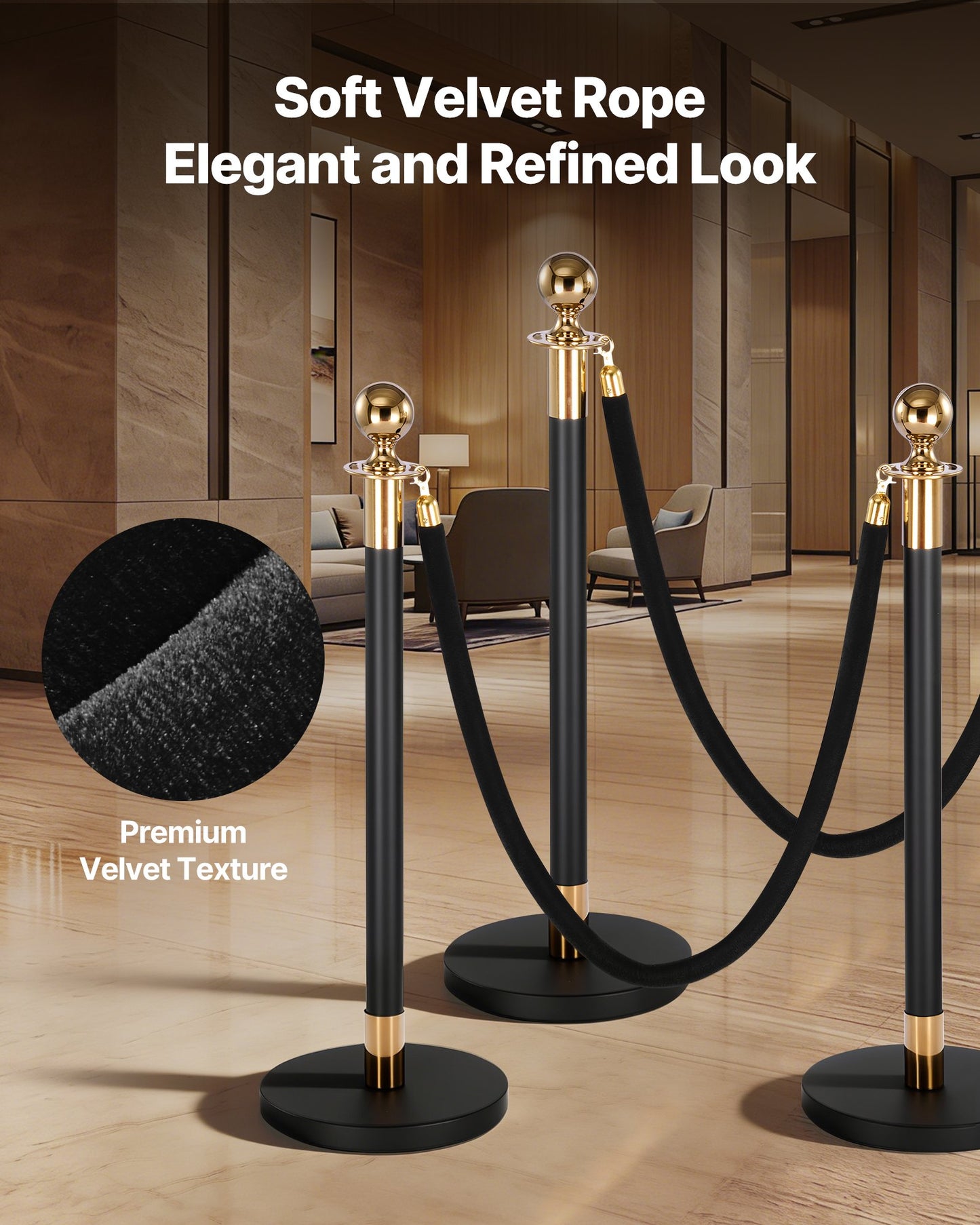 Crowd Control Velvet Ropes with Gold Hooks - 4 Pack, 5 Feet Black Barrier Ropes for Events