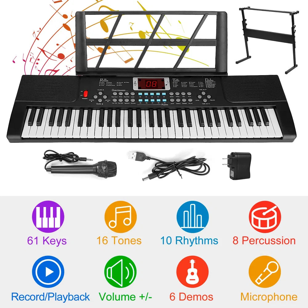 61-Key Electronic Keyboard with Adjustable Stand & Microphone