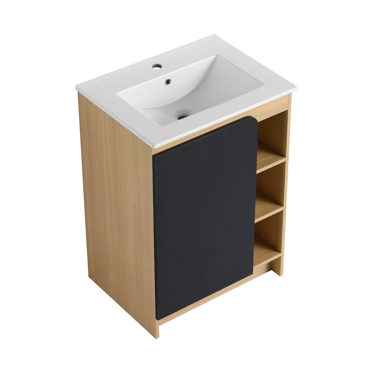24" Light Oak Bathroom Vanity with Ceramic Sink & Open Shelves