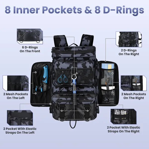 42L Fishing Backpack - Large Capacity Tackle Storage Bag with Rod Holders