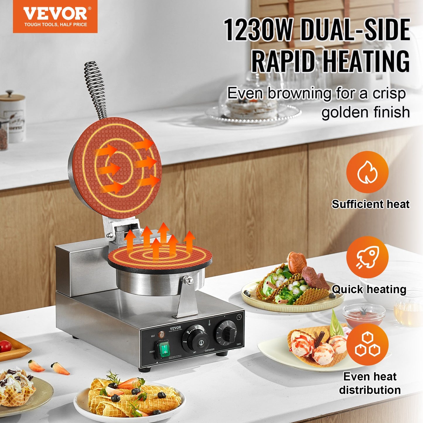 Electric Waffle Cone Maker 1230W for Ice Cream Cones and Egg Rolls - Natural Color