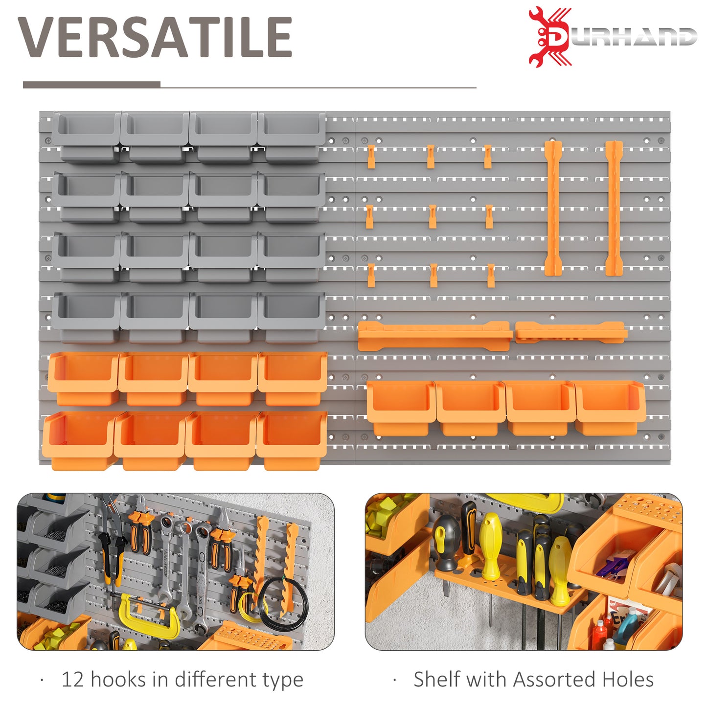 Wall Mounted Pegboard Tool Organizer Rack Kit with Storage Bins & Hooks - Orange, 600x545mm