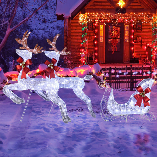 Lighted Reindeer & Sleigh Set - 270 White LEDs Christmas Decoration