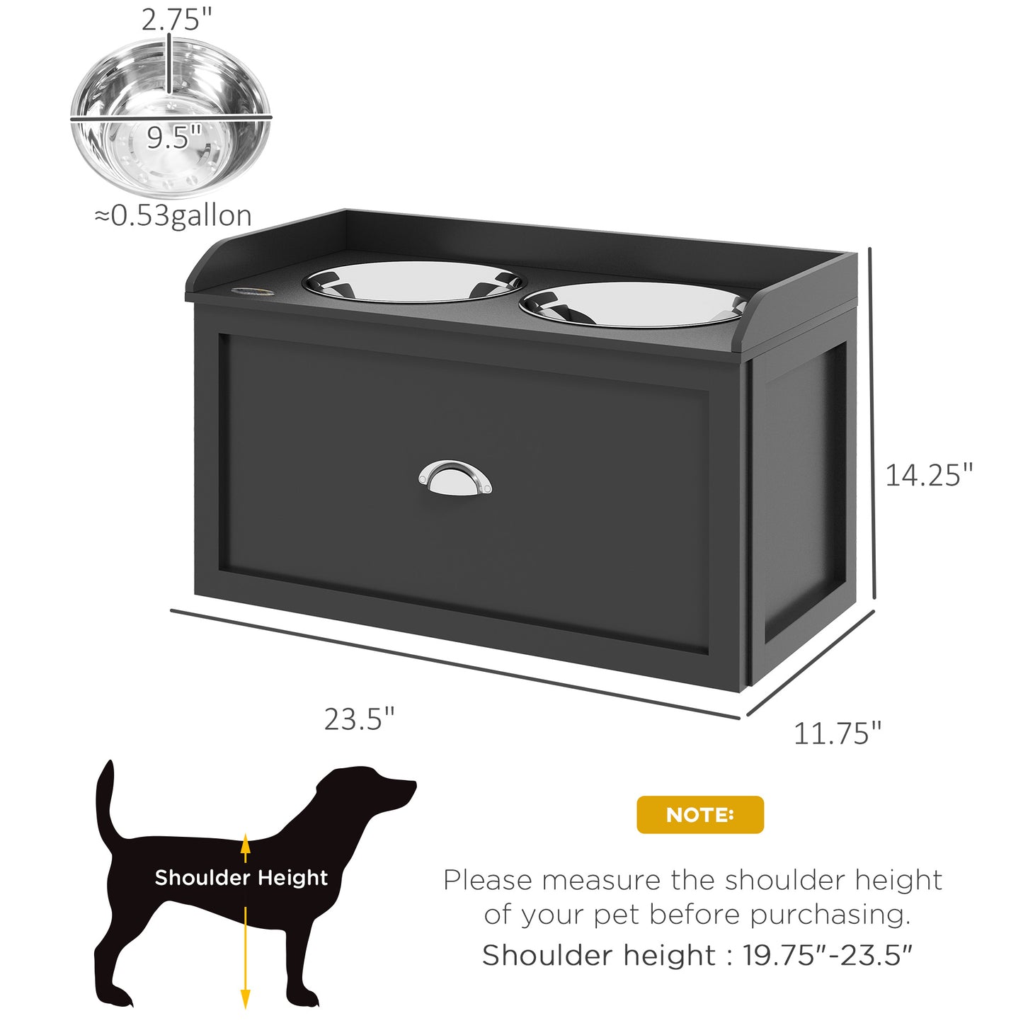Elevated Dog Feeding Station with Storage - Large Size Black Pet Bowl Set