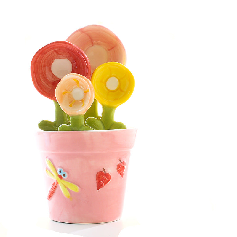 Ceramic Flower Spoon Set with Blue and Pink Bases - Modern Kitchen Utensils
