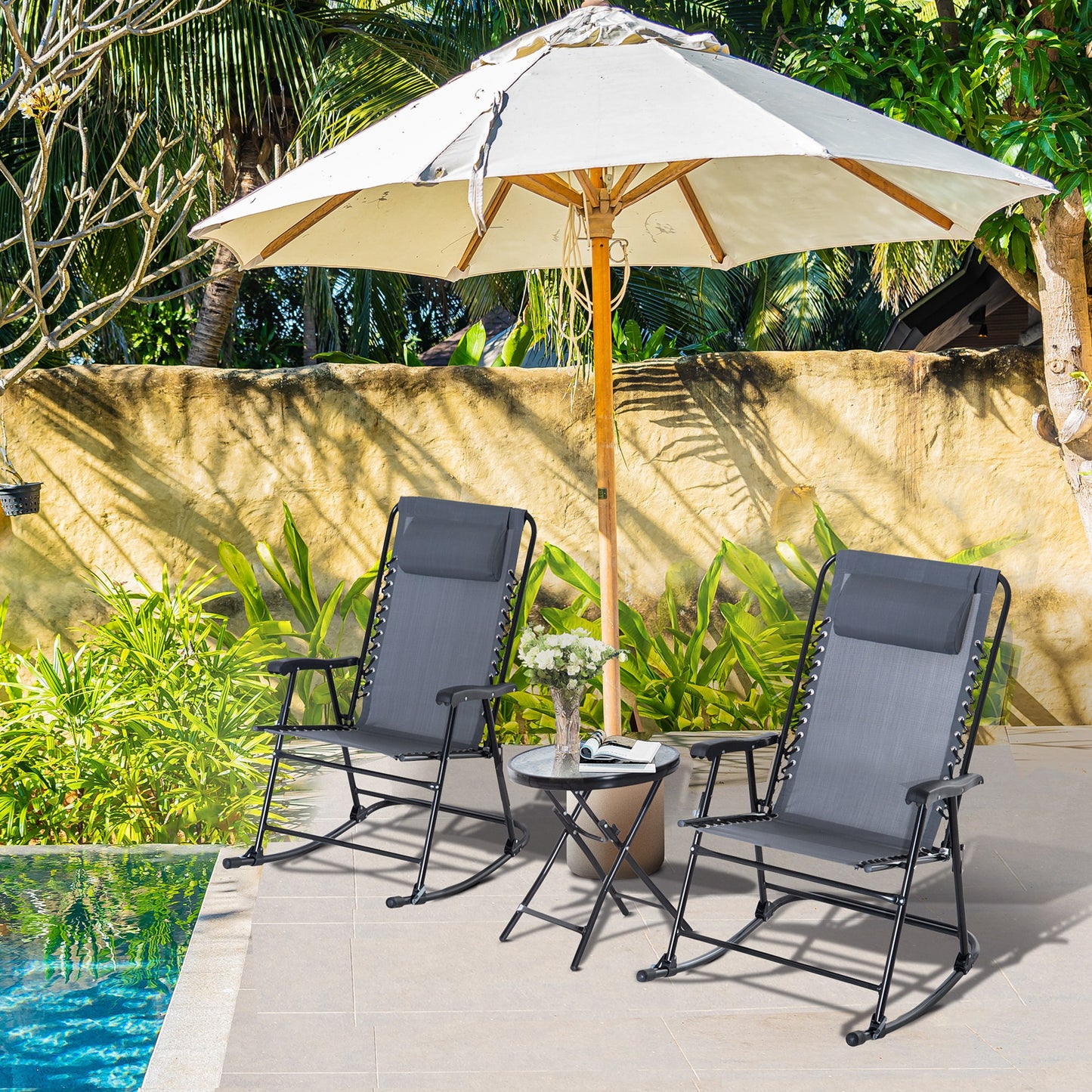 Outdoor Folding Rocking Chair Set with Side Table - Gray