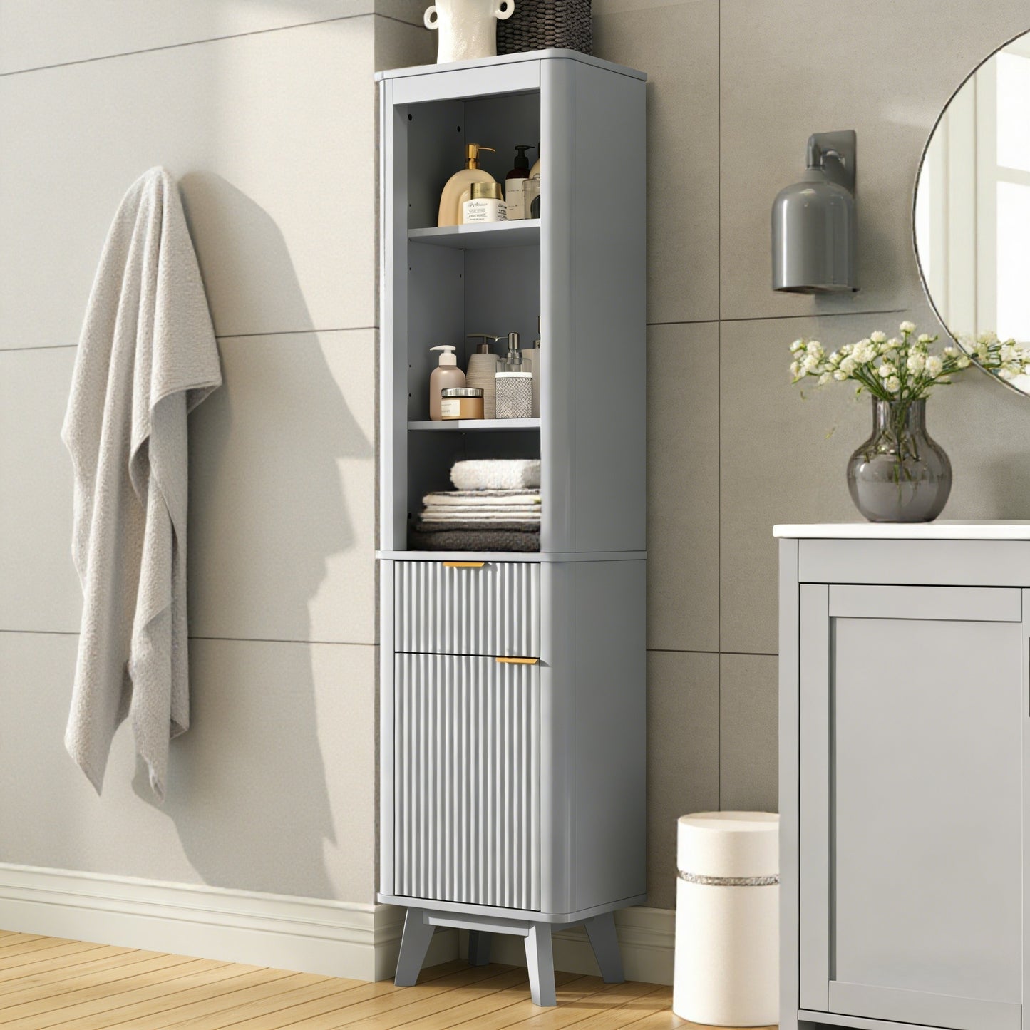 68" Tall Bathroom Storage Cabinet with Adjustable Shelves - Gray