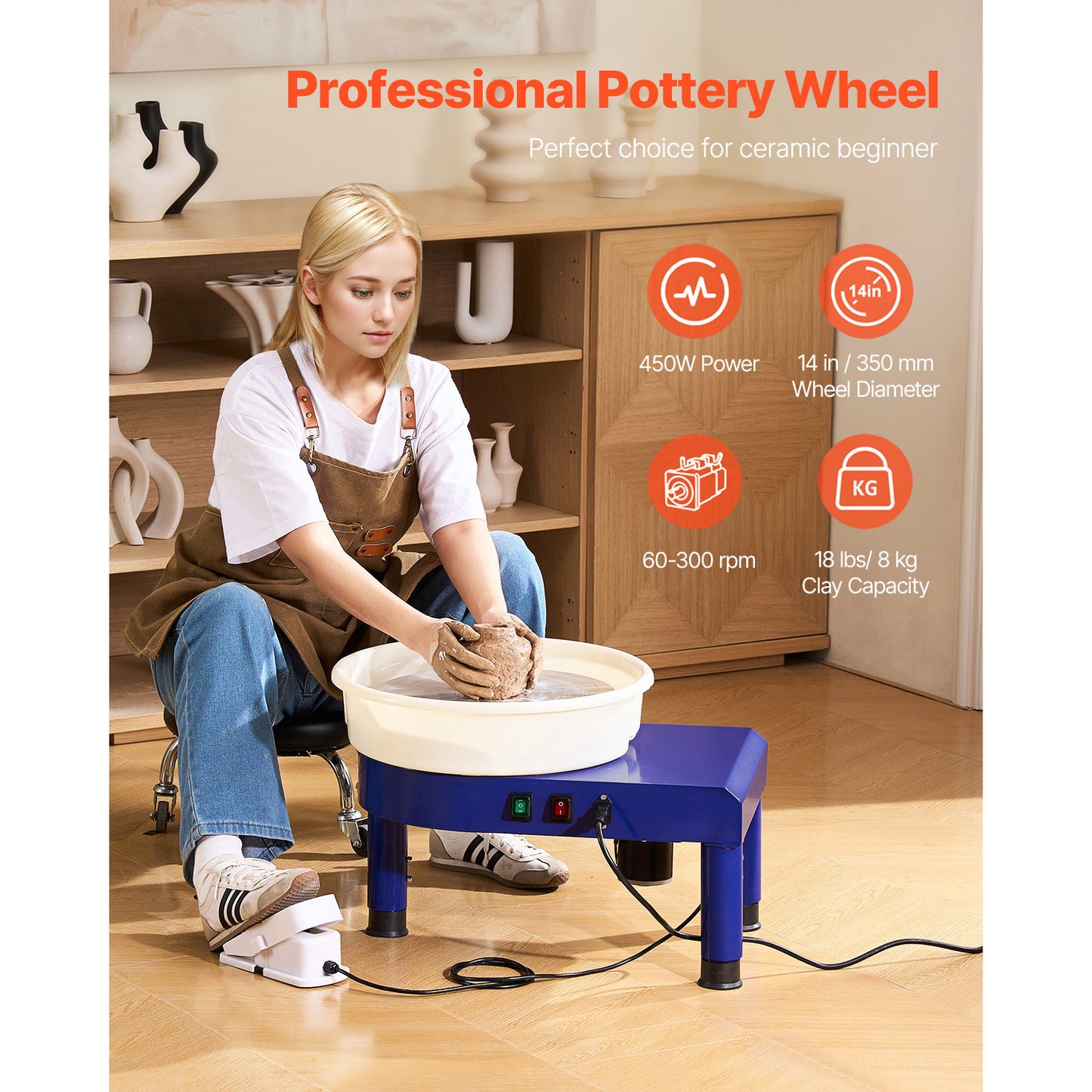 Pottery Wheel 14-In Ceramic Pottery Machine with Adjustable Speed & Foot Pedal