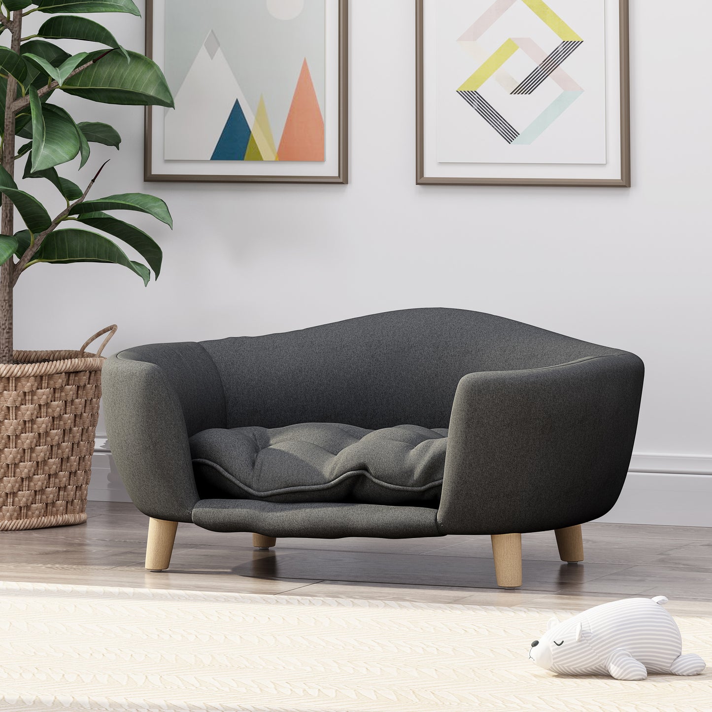 Small Dog Elevated Bed Frame with Rubber Wood Legs and Plush Fabric, Dark Gray