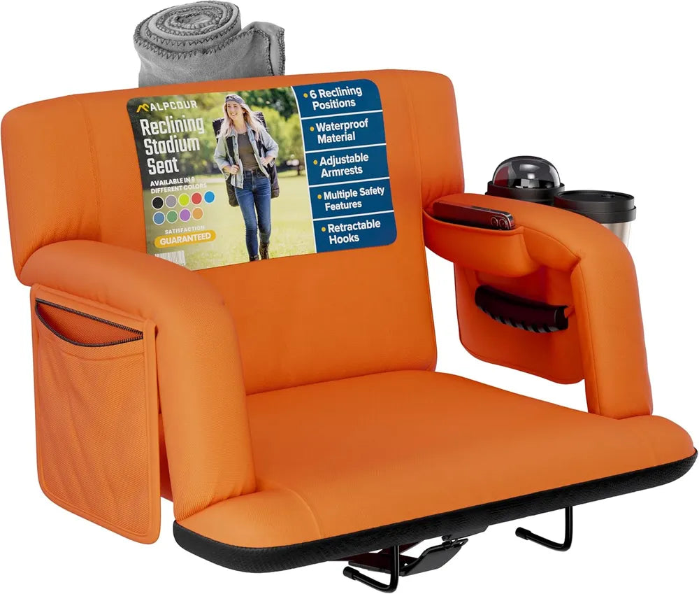 Reclining Stadium Seat with Back Support - Orange, 25" Wide