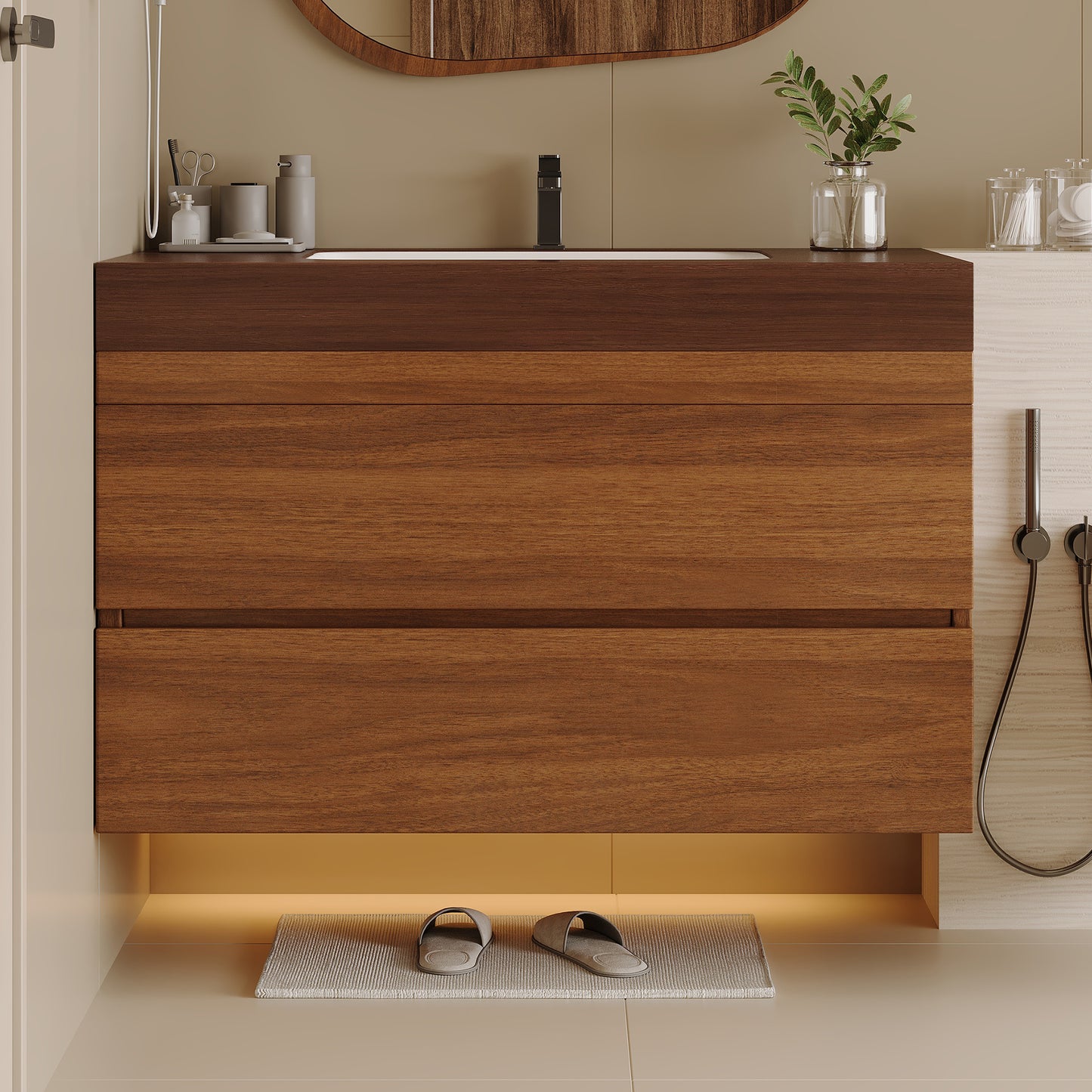 29.9" Modern Floating Bathroom Vanity with Faux Marble Top - Dark Brown Walnut