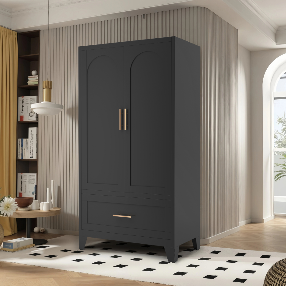 60-Inch Tall Metal Wardrobe Cabinet with Drawer and Shelf - Black
