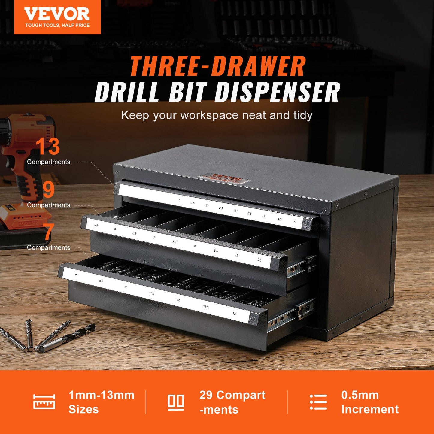 Drill Bit Dispenser Cabinet - Steel Organizer with Labels for 1-13mm Bits, Stackable, Grey