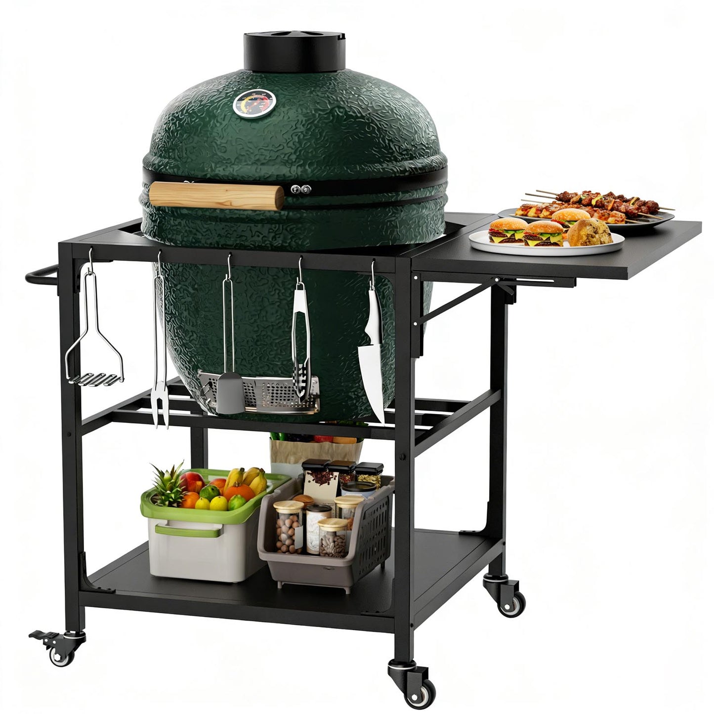 Heavy Duty Metal Outdoor Grill Table for Big Green Egg & Kamado Grills - Black
