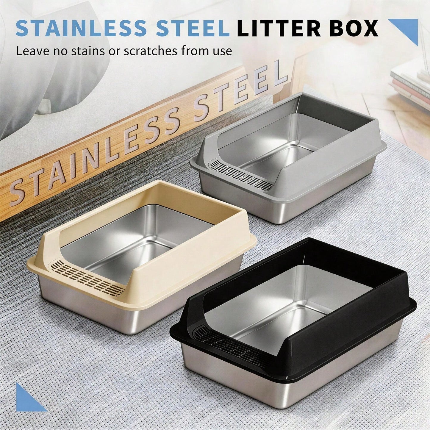 Stainless Steel Cat Litter Box Large Open Top Anti Splash & Odor Resistant