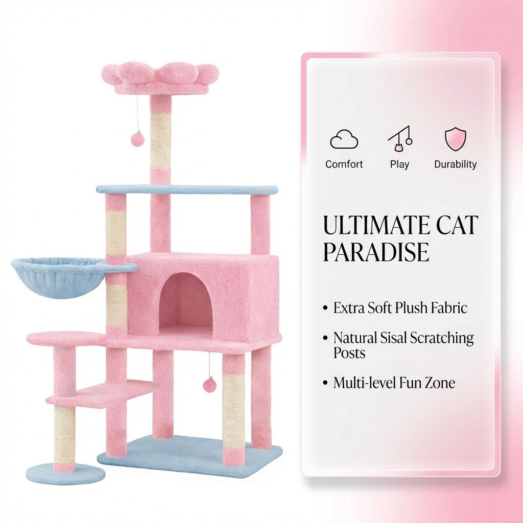 Pink Flower Cat Tree with Large Condo, Removable Cushion & Hammock - 56 Inch Tall