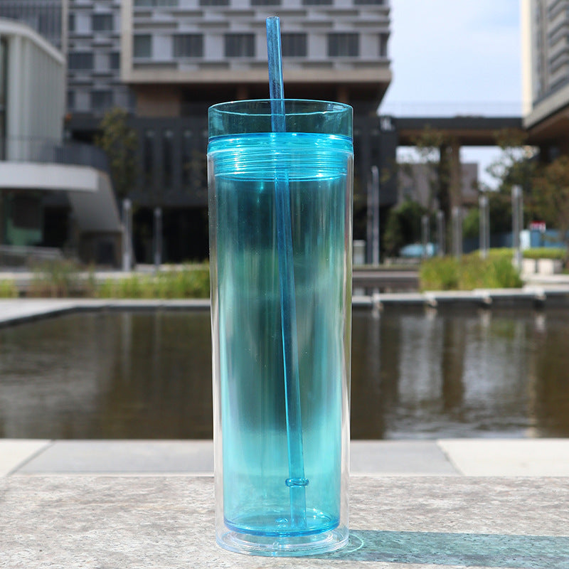 Large Capacity Double-Layer Drinkware Cup with Straw - Multiple Colors & 710ml