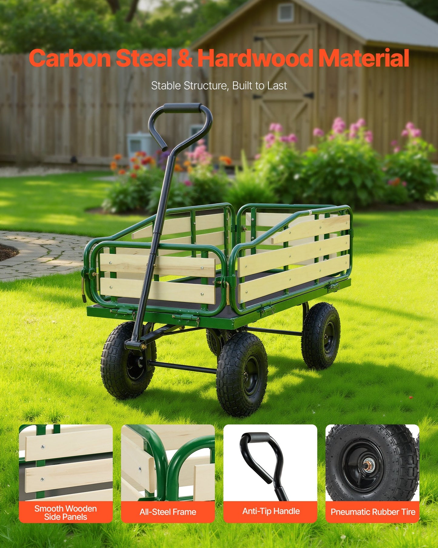 Pull-Along Kids Wagon 39 In All-Terrain Toddler Utility Cart with Wooden Panel & Handle