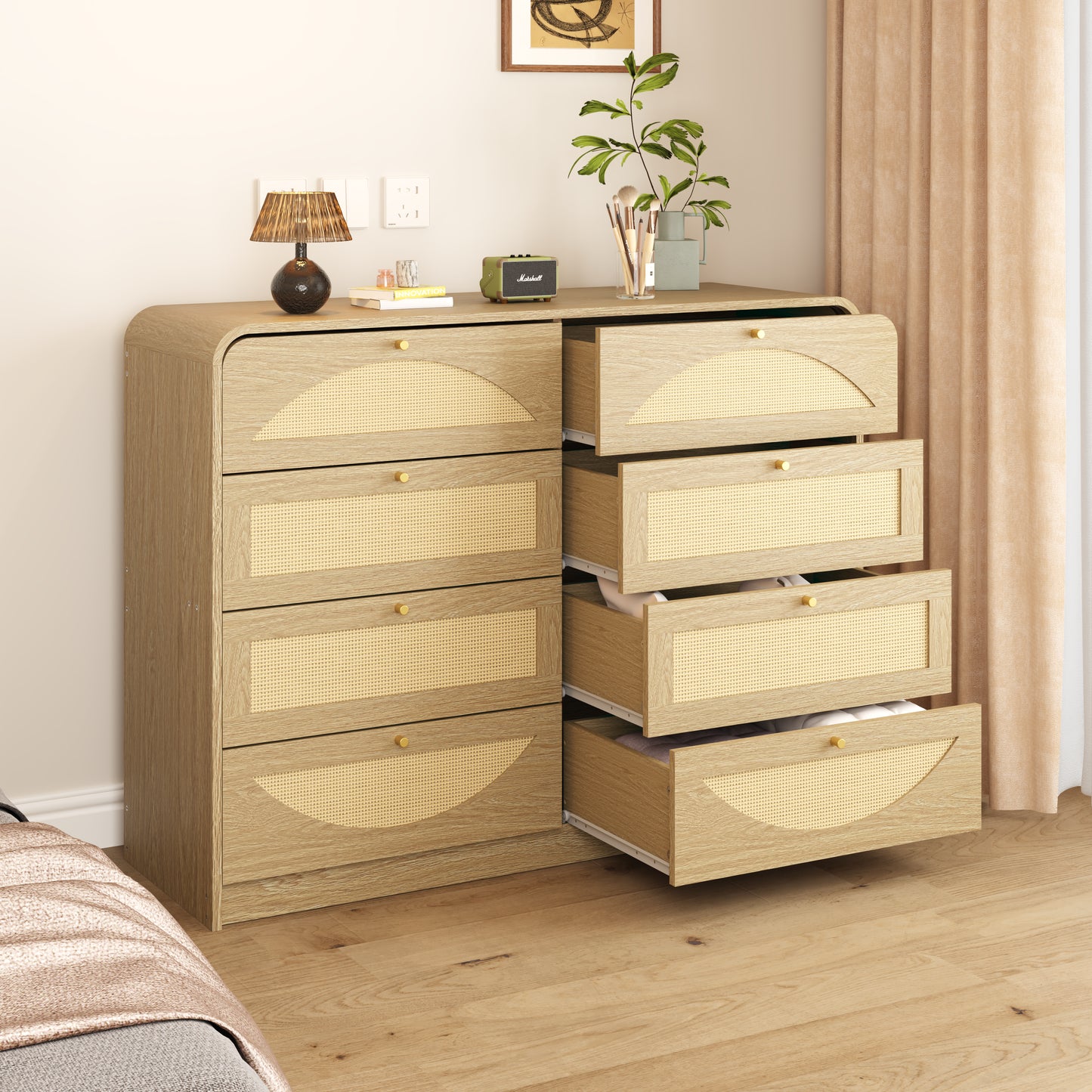 Natural 8-Drawer Dresser with Rattan Front - Wide Storage Cabinet