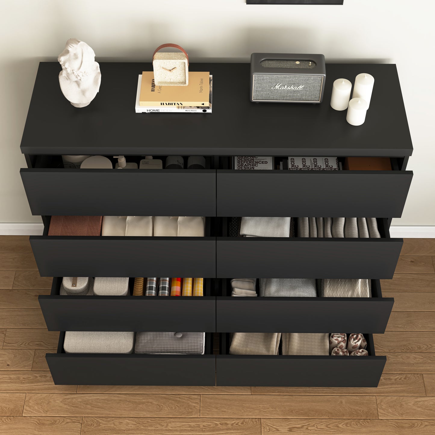 8-Drawer Black Dresser - Modern Wood Chest for Bedroom
