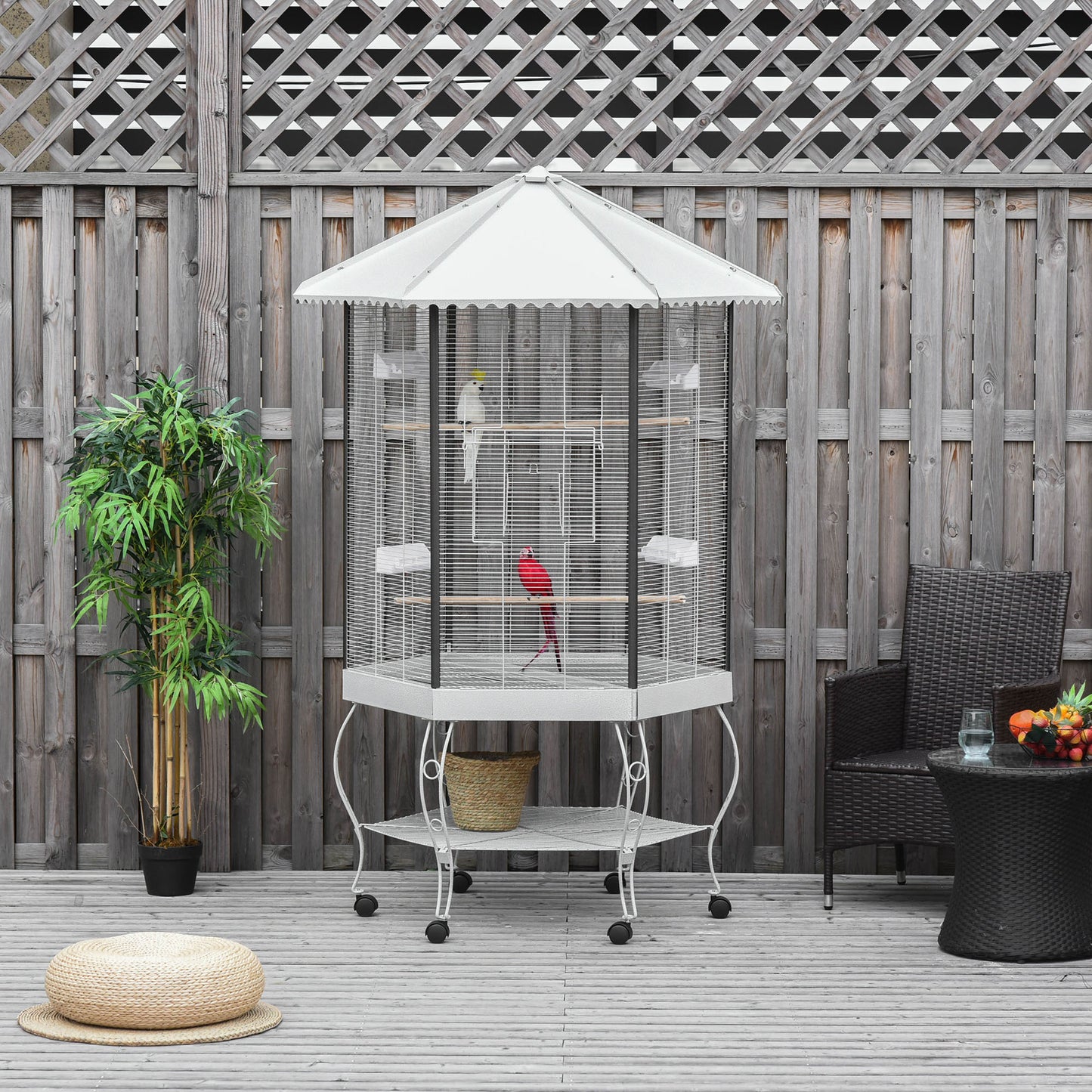 77-Inch Hexagon Bird Cage with Canopy, Portable Aviary, White