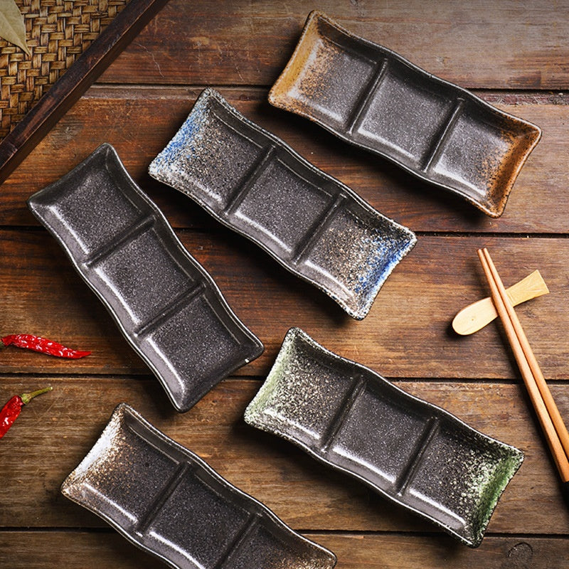 Rectangular Ceramic Sauce Dish with Three Grid Sections - Japanese Style Kitchenware