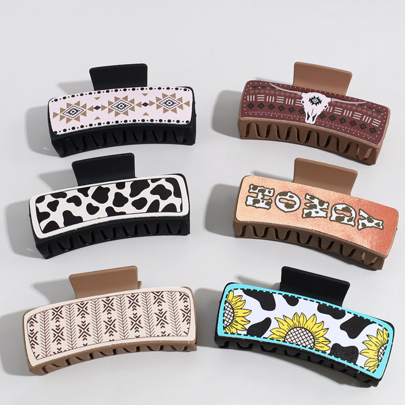 Western Denim Style Leather Hair Barrettes with Retro Printed Designs