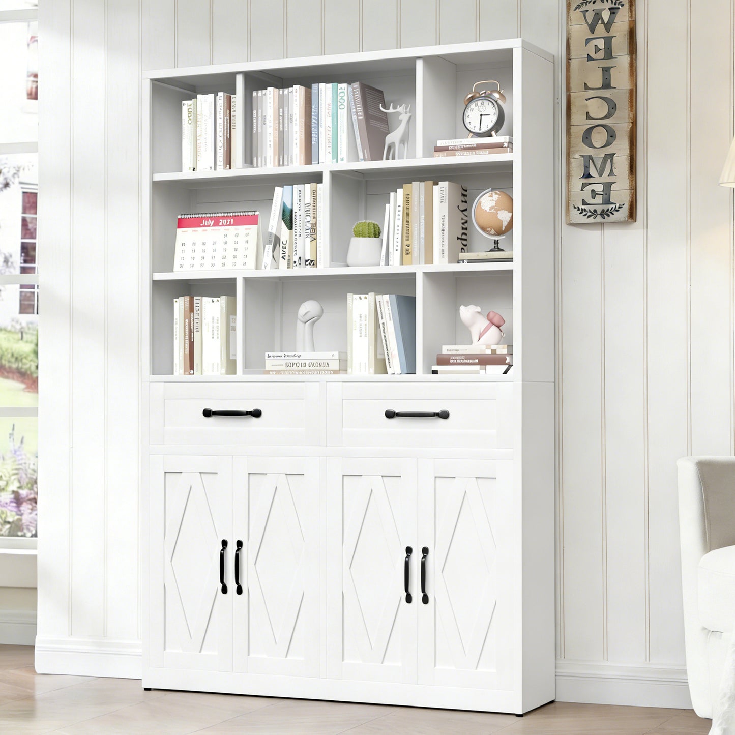 71 H Metal Bookcase With 2 Doors & Drawers, Tall Storage Cabinet