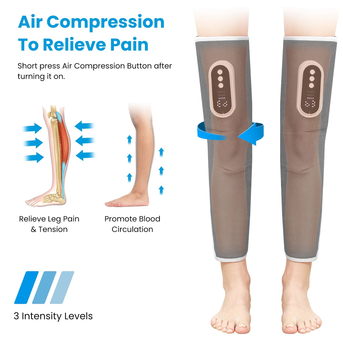 Cordless Leg Massager with Heat & Air Compression - Adjustable Calf Wrap