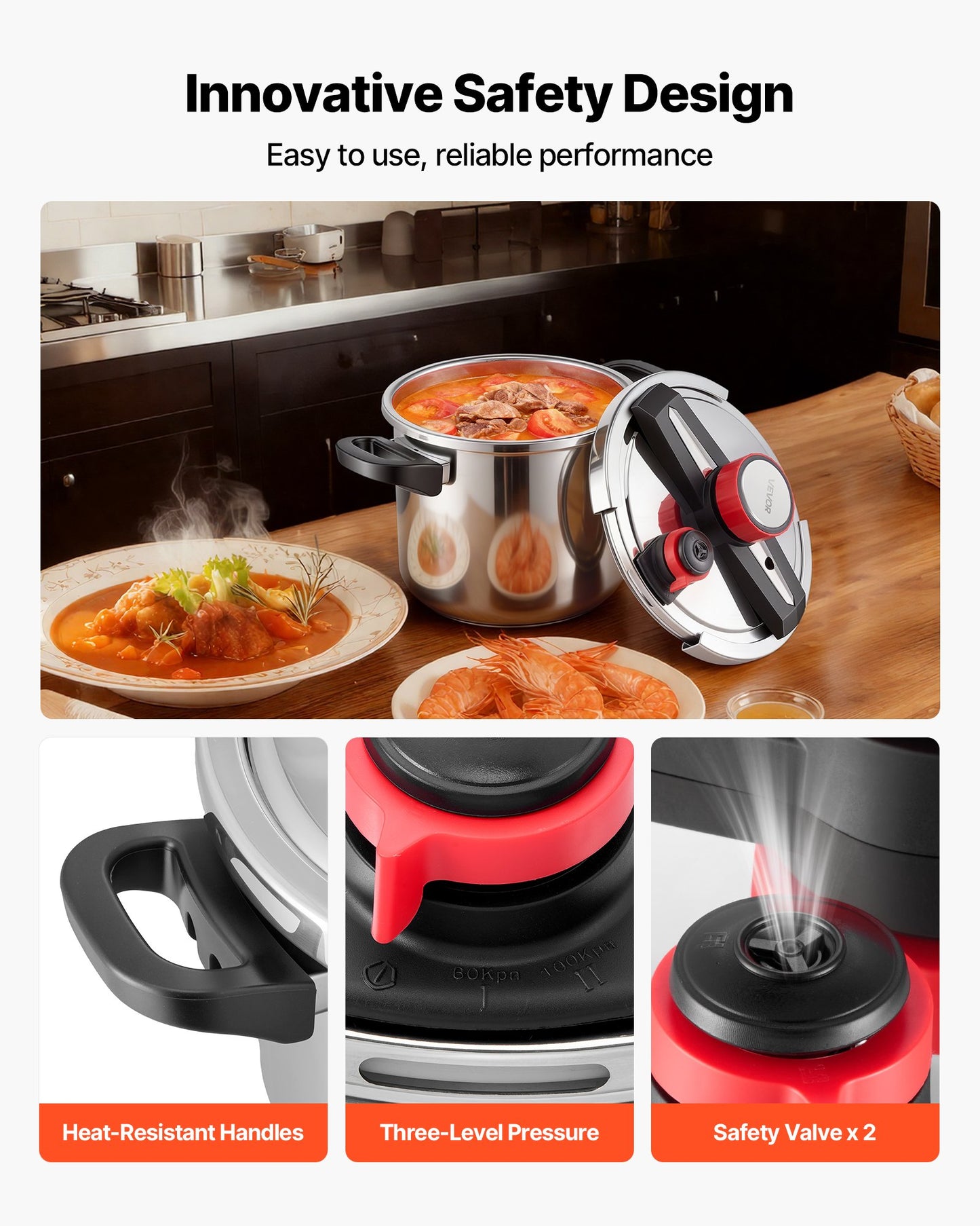8Qt Stainless Steel Pressure Cooker with Steaming Rack & 3 Pressure Settings