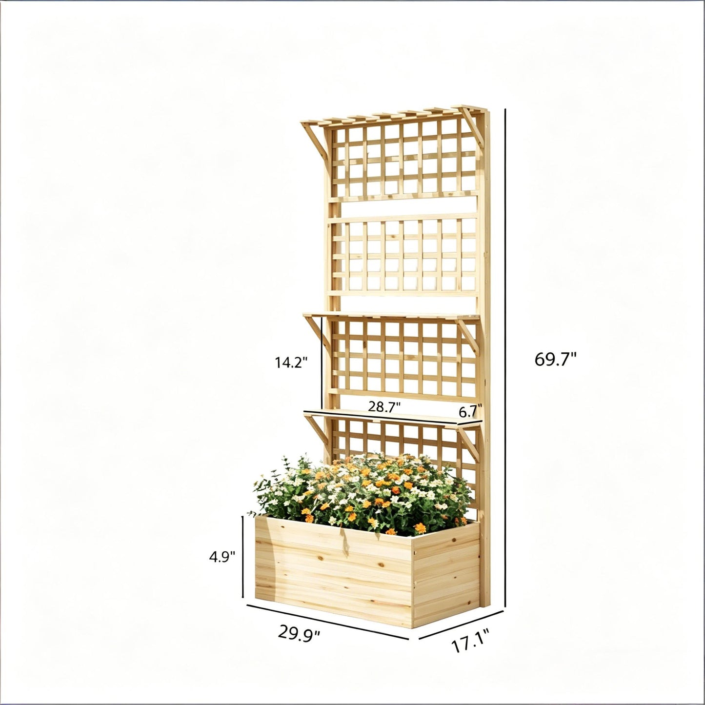 Elevated Wooden Planter Box with Trellis and Storage Shelves