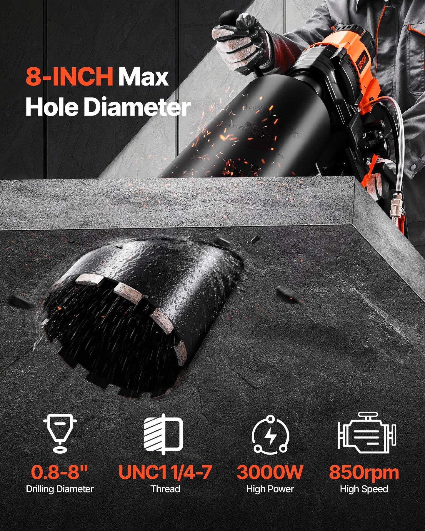 8-Inch 3000W Concrete Core Drill Machine with Stand - Heavy Duty Power Tool