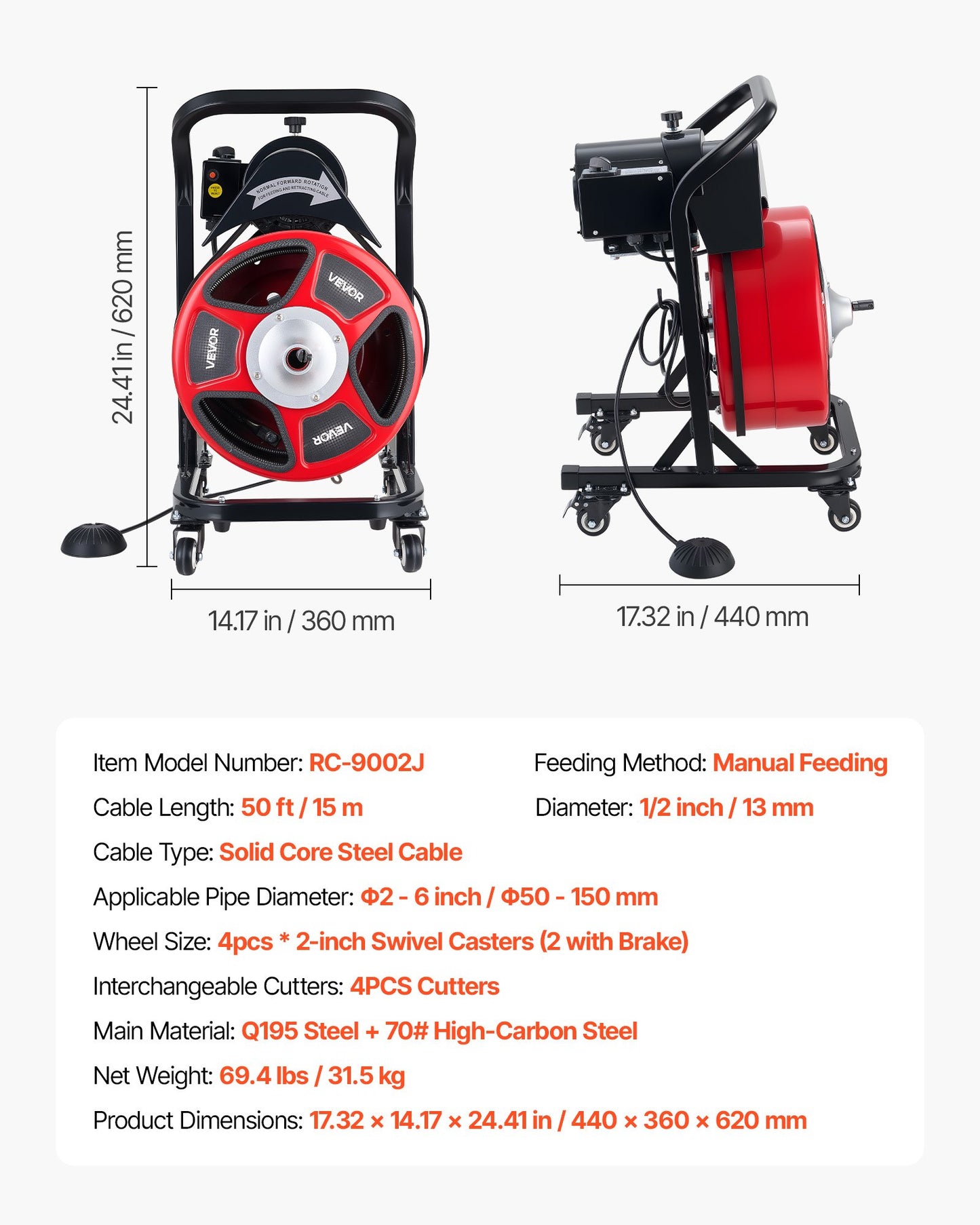 Drain Cleaner Machine 50 FT Sewer Snake Auger with 4 Cutters & Foot Switch