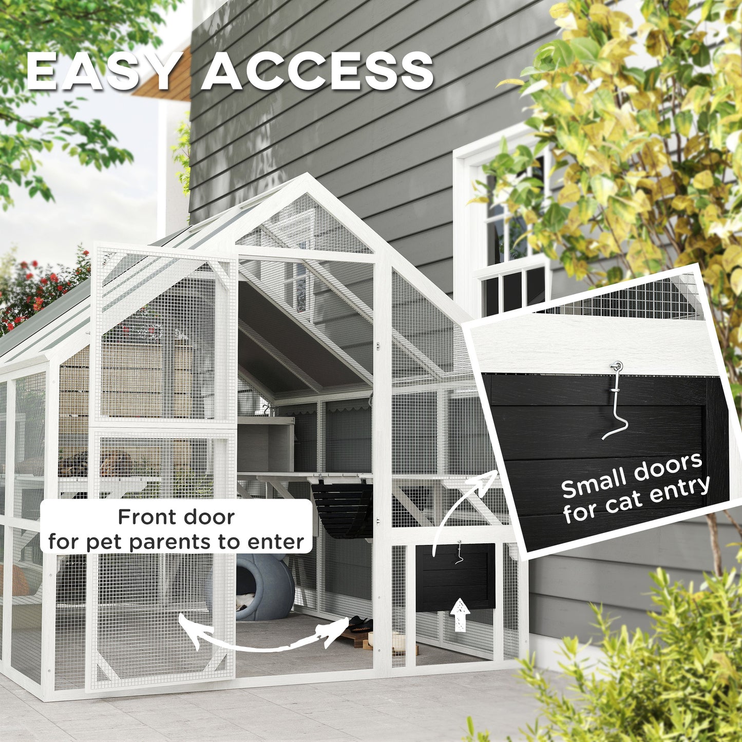 Outdoor Wooden Cat Enclosure with Waterproof Cover, 2 Condos & Platforms