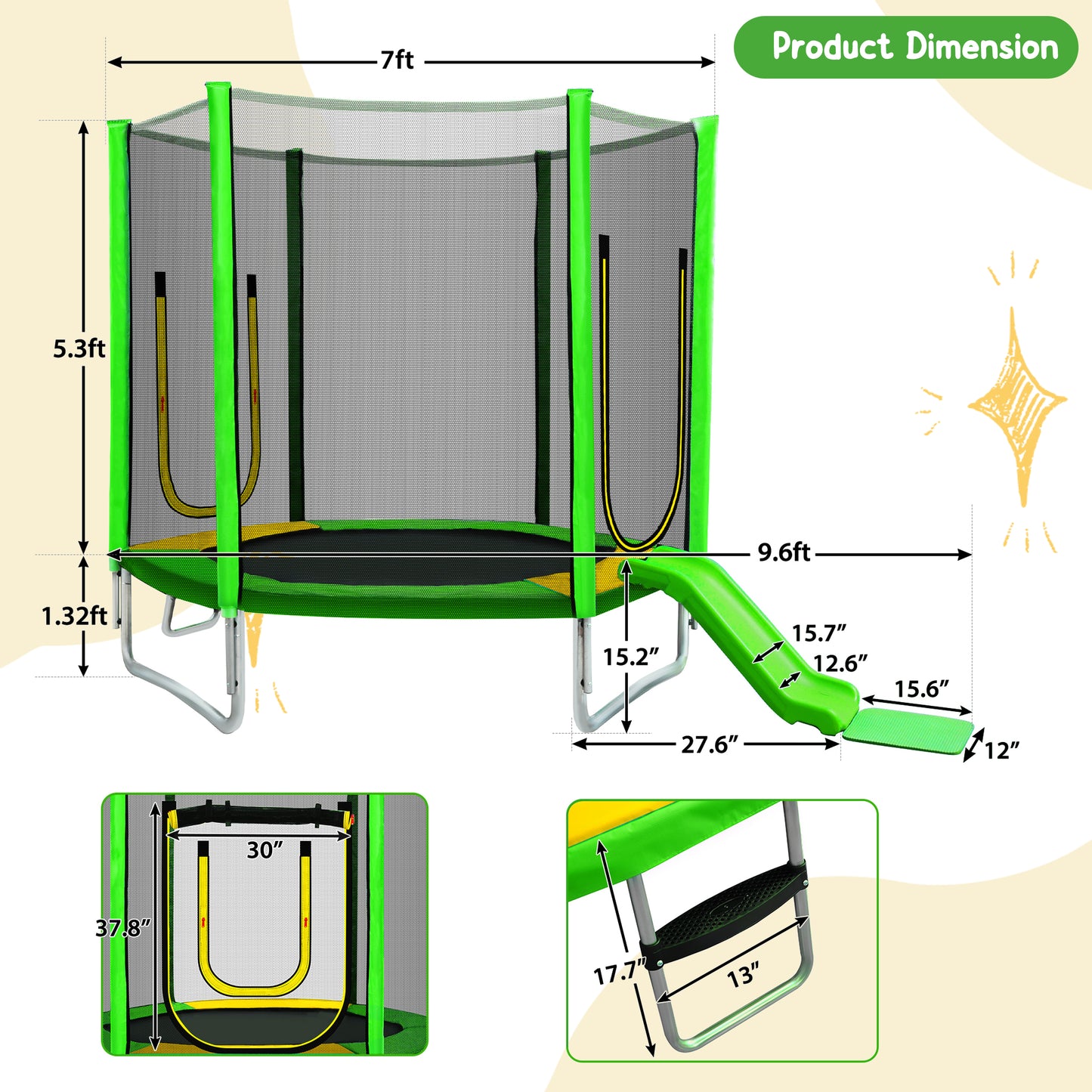 7FT Trampoline For Kids With Safety Enclosure Net, Slide And Ladder,