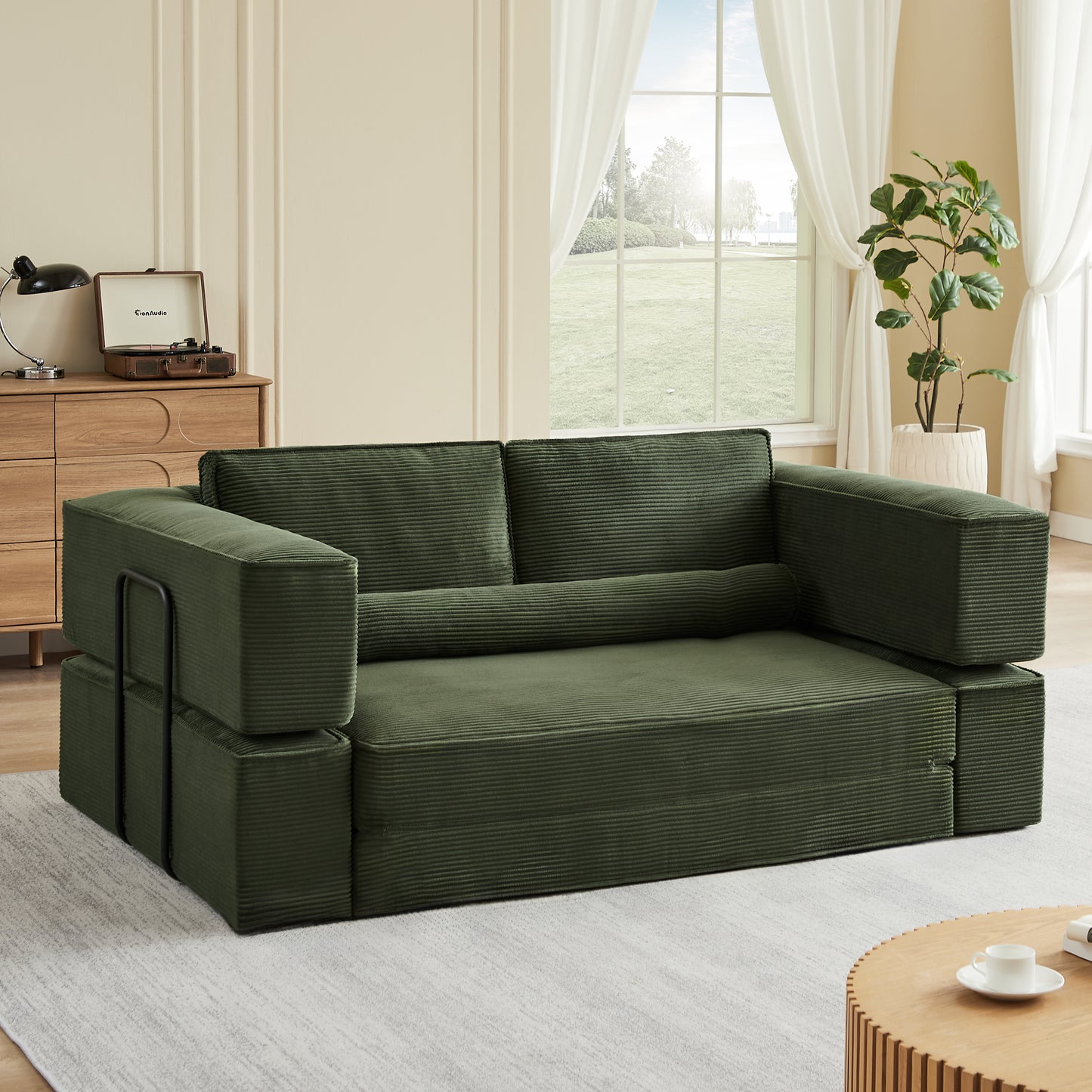 Large Army Green Corduroy Sofa - Modular Design for Living Room